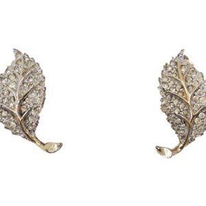 Vintage 1960s Signed Jomaz Joseph Mazer Pave Clear Rhinestone Leaf Clip Earrings
